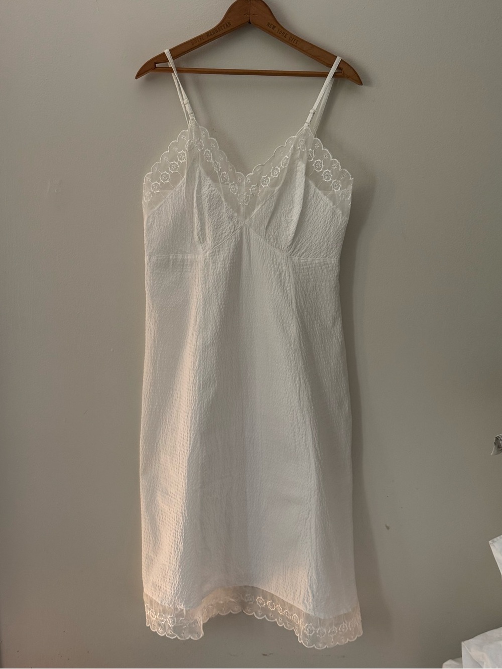 Vintage White Seersucker Slip With Lace Trim.